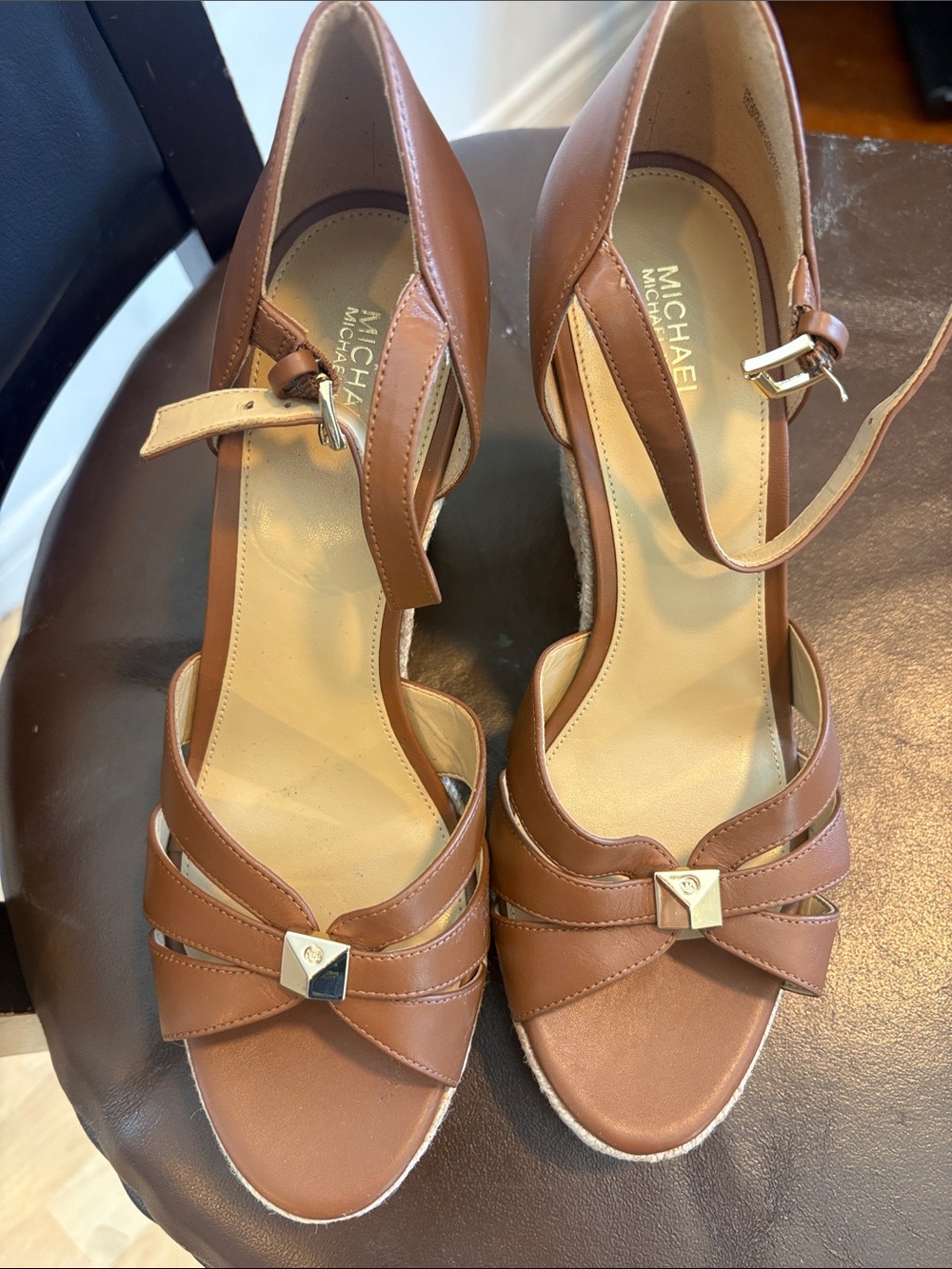 MICHAEL Michael Kors Tan Brown Leather Wedge Sandals